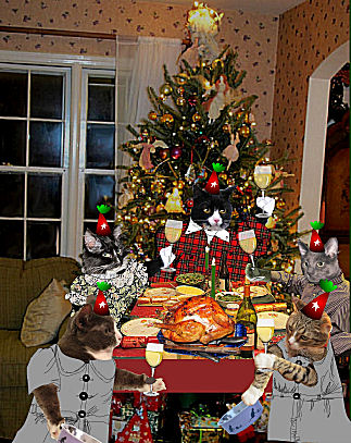Cats carousing by Christmas Tree