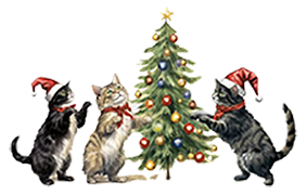 3 cats around Christmas tree