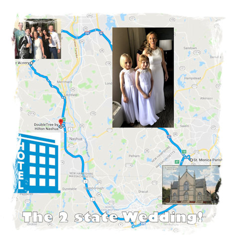 map of NH and MA with pictures of wedding superimposed