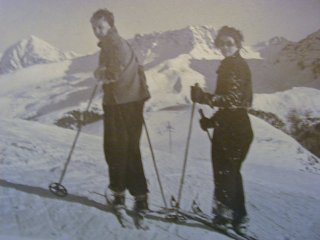 Mom and Quentin skiing